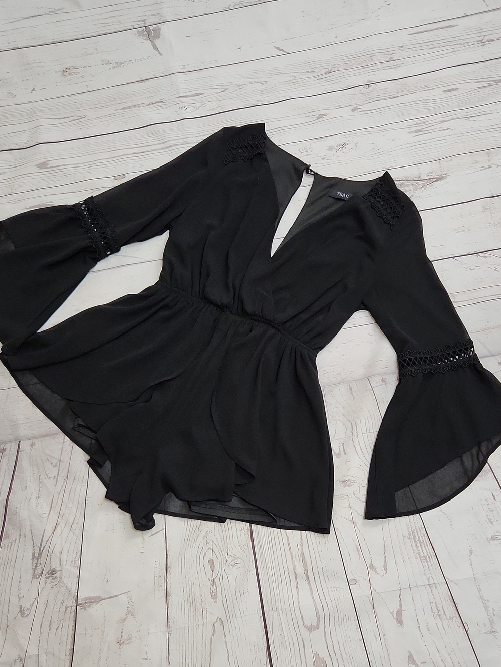 Trac Black Crochet-Trim Bell Sleeve Romper